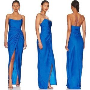 GAUGE81 Shiroi Long Dress in Lapis Blue Silk Cowl Neck Maxi Gown Satin Sz Small